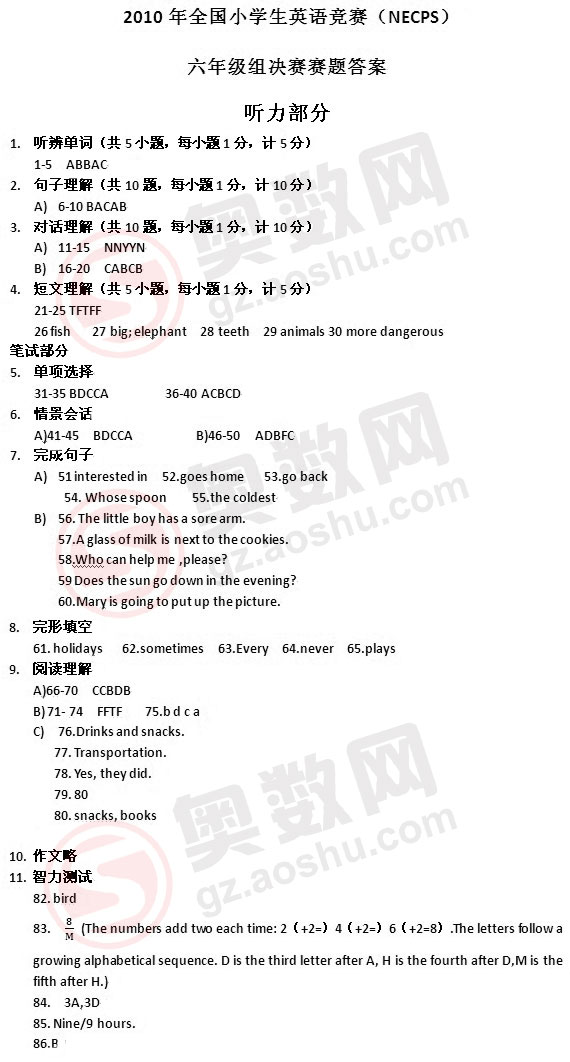 2010年全国英竞六年级组决赛题参考答案1