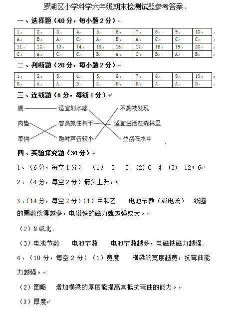 深圳罗湖区六年级期末考试科学试卷及答案6