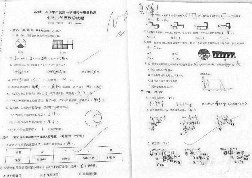 2016深圳福田区六年级数学上册期末考试试卷1