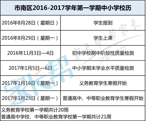 青岛市南区2016-2017学年中小学校历安排1