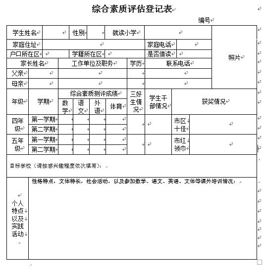 注意：2017年上海小升初综合素质评估登记表1