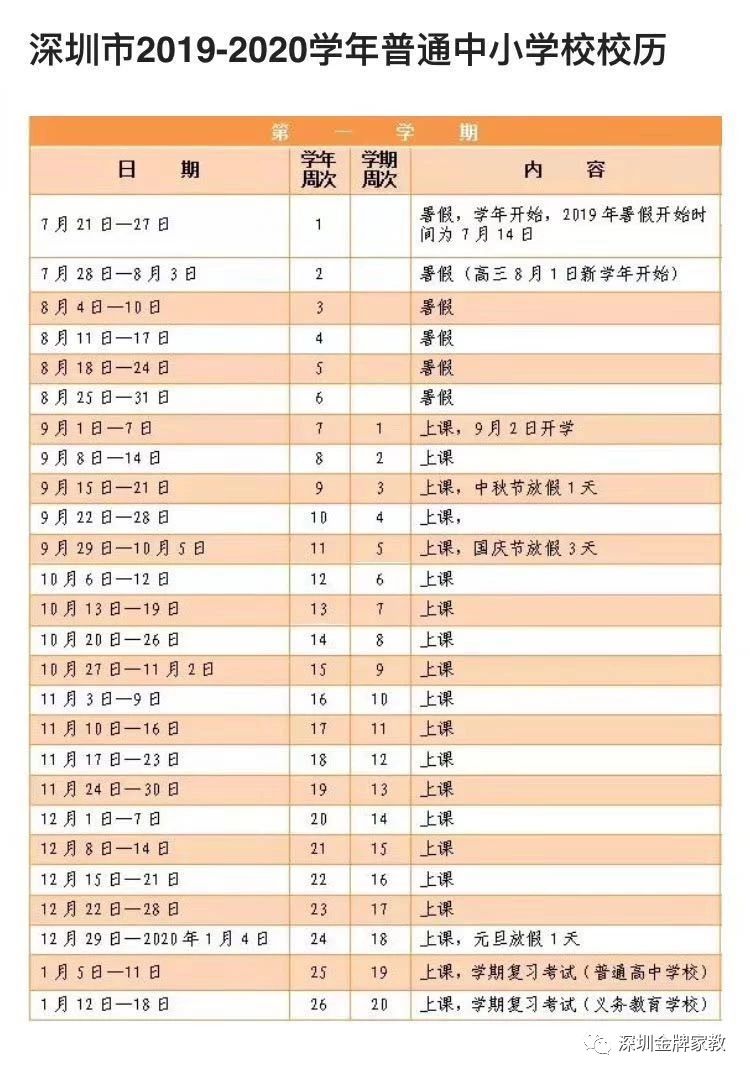 2019-2020学年广东省深圳中小学校历安排公布1