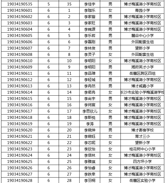 2019年湖南师大附中梅溪湖中学初中新生分班考试名单7