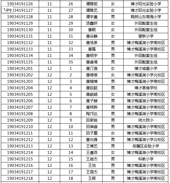 2019年湖南师大附中梅溪湖中学初中新生分班考试名单14