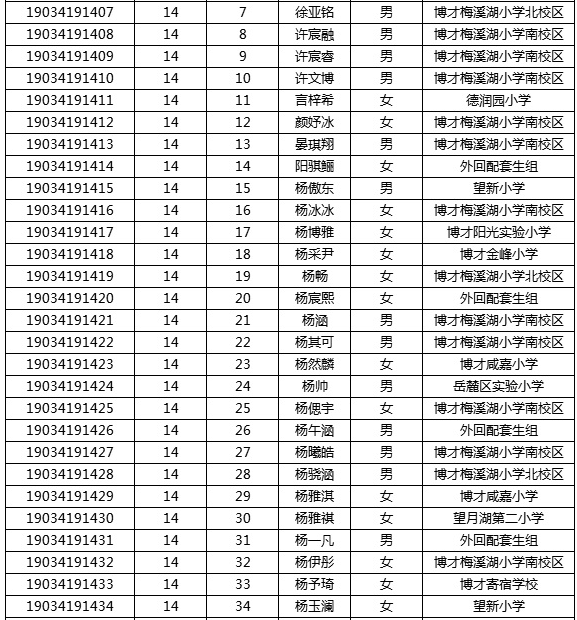 2019年湖南师大附中梅溪湖中学初中新生分班考试名单17