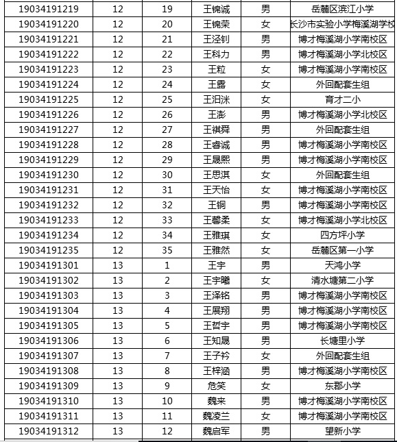 2019年湖南师大附中梅溪湖中学初中新生分班考试名单15