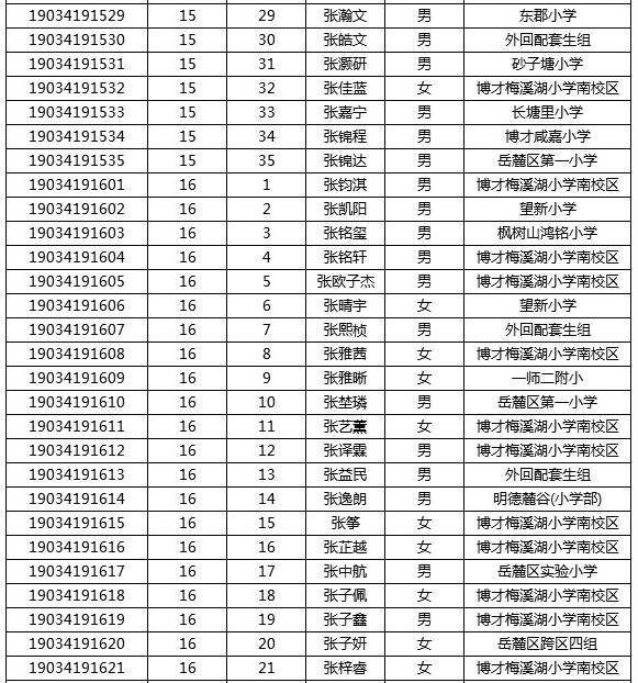 2019年湖南师大附中梅溪湖中学初中新生分班考试名单19